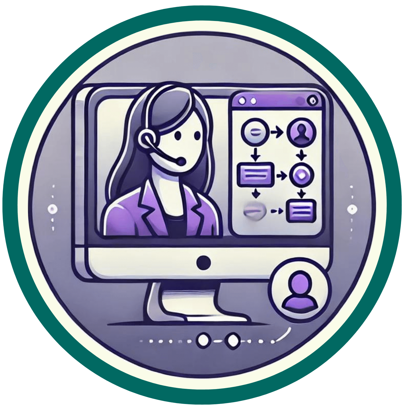 Circular branded icon of a hiring manager on a computer screen, showing them managing job candidates.